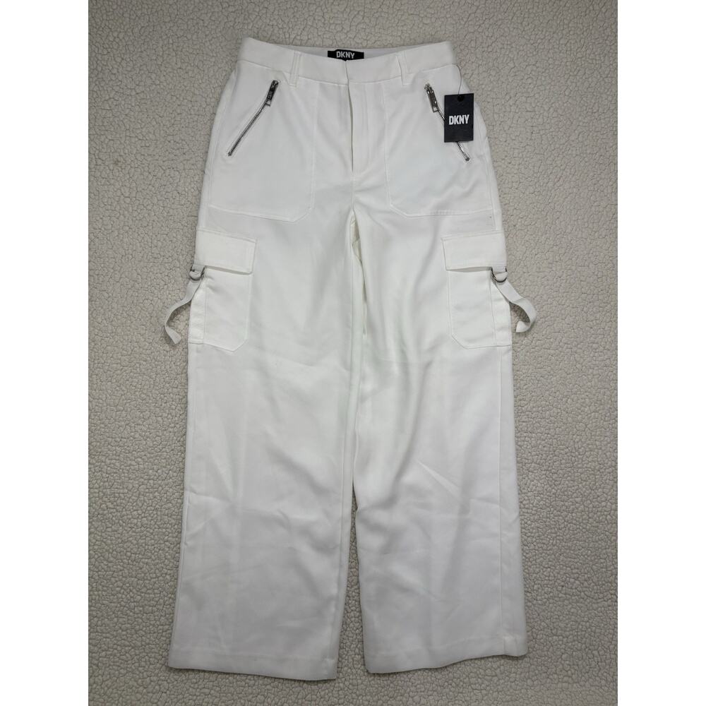 NWT DKNY Women's 6 Wide Leg Cargo Pants Utility Zip Pockets White Ivory NEW